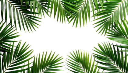 Lush green palm fronds form a border around a stark black void, creating a natural frame. The vibrant leaves contrast sharply against the dark space, offering an eye-catching visual
