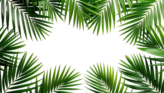 Lush green palm fronds form a border around a stark black void, creating a natural frame. The vibrant leaves contrast sharply against the dark space, offering an eye-catching visual