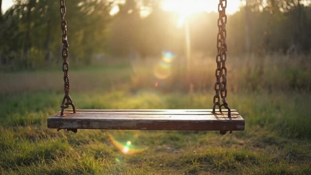 wooden swing hanging from a large tree branch in a garden