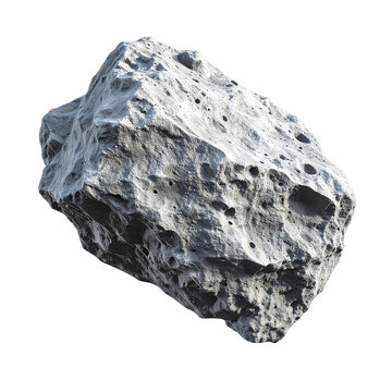 A close-up of a textured, light-gray, irregularly shaped rock. It features numerous pockmarks and craters across its uneven surface, appearing rough and worn, with a dark background