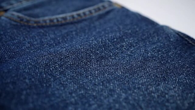 Close up of denim fabric texture showcasing a classic indigo blue hue and woven pattern