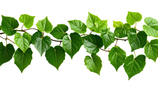 A horizontal vine featuring numerous heart-shaped, vibrant green leaves attached to a brown stem. The vine appears to be isolated against a black background