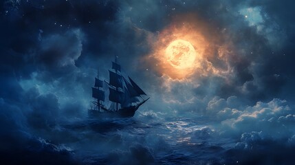 A majestic sailing ship navigates a stormy sea under a full moon and cloudy sky.
