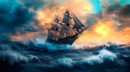 Obraz premium A majestic sailing ship cuts through the waves of a stormy sea as the sun sets in a dramatic sky.