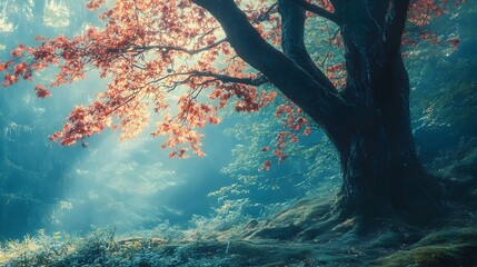 A majestic tree with vibrant red leaves stands tall in a mystical forest, bathed in a ethereal glow of sunlight.