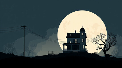 Obraz premium Desktop wallpaper featuring a haunted house silhouette beneath a glowing full moon, minimalist spooky theme