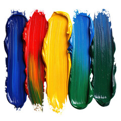 Fototapeta premium Five vibrant vertical brushstrokes of thick paint, showcasing blue, red, yellow, green, and another blue, arranged from left to right against a black background. The textures are prominent