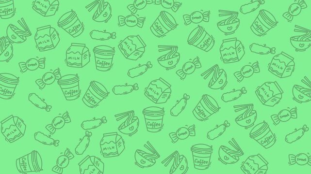 A doodle food pattern of candies, drinks, and noodles in a playful, light green background. Perfect for vibrant food themed designs and advertisements.