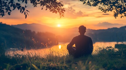 Obraz premium A man sits in silhouette on a grassy hill, gazing at a sunset over a lake and mountains.