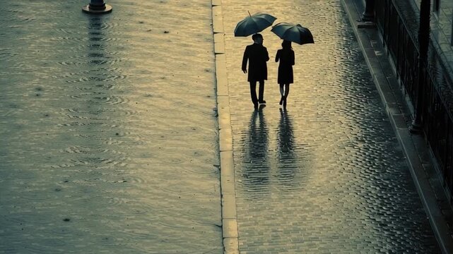 Couple Walking Under Umbrella in Light isy Rain