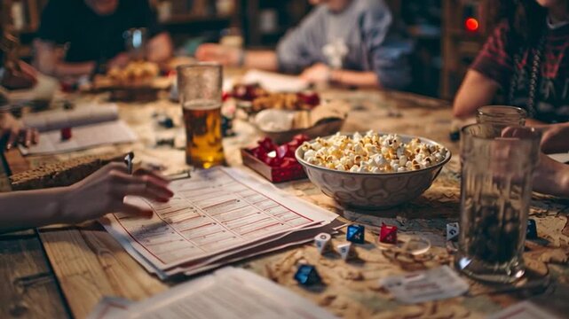 Friends Playing Tabletop RPG with Character Sheets Mid-Close-Up