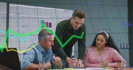 Professionals reviewing documents, charts in meeting room, with digital overlay