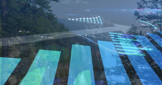 Fototapeta Showing data overlay over misty mountain forest and lake, with charts, graphs, numbers, arrow, grid