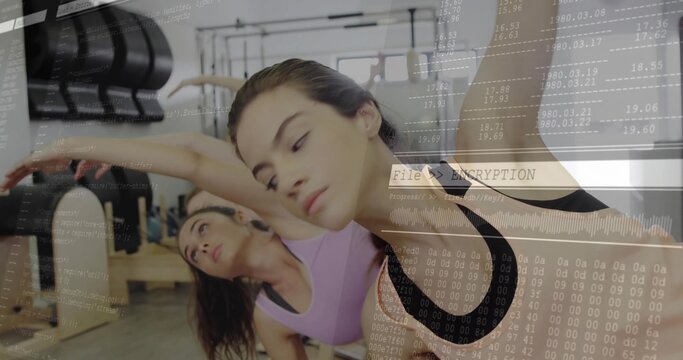 Stretching five women in activewear on reformers in Pilates studio, with code UI overlay