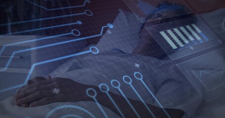 Resting mature woman wearing hospital gown lying supine on hospital bed, with holographic overlay