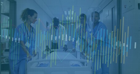 Uniformed professionals pushing patient gurney in hospital corridor, with stethoscopes, supply cart