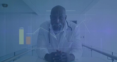Leaning African American doctor analyzing data overlays in hospital corridor with stethoscope