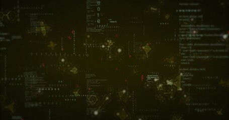 Displaying network interface in virtual environment, with glowing binary digits and hexagon nodes