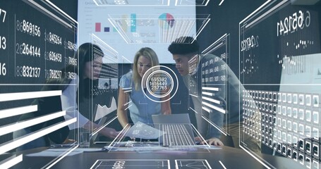 Collaborating three professionals analyzing holographic data on interactive table in meeting room