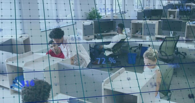 Leaning man assisting seated coworker over partition in office space, with digital grid overlay