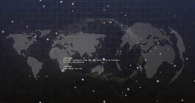 Displaying dotted world map on dark blue grid with globe, network lines, markers and code snippets