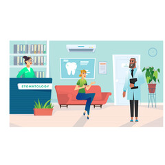 Dentist Office Reception Area with Patient and Doctor Discussing Treatment Plan in Bright Welcoming Environment