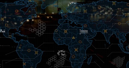 Displaying world map on digital display in control room, with hexagon clusters, colored data nodes