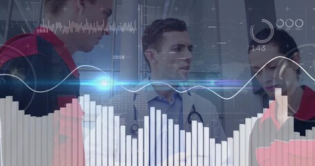 Medical team monitoring patient analytics in hospital hallway with stethoscope red jackets overlays