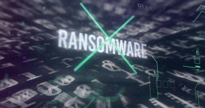 Displaying bold white RANSOMWARE text overlaid by green X in interface gridlines with floating code