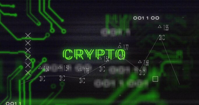 Showing green CRYPTO text on dark interface with neon circuits, graph markers, labels, binary text