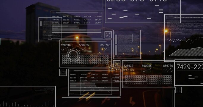Floating translucent HUD panels over dusk city street, showing numeric graphs and data elements - Powered by Adobe