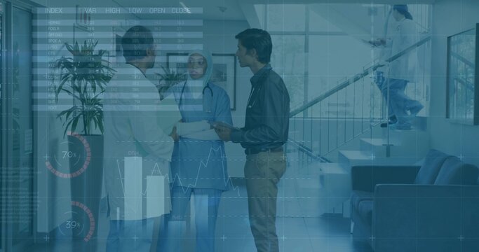 Reviewing doctor, nurse, consultant examining records in hospital lobby, with stethoscope tablet - Powered by Adobe