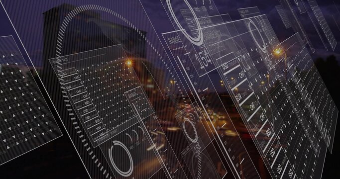 Hovering data panels overlaying street at night, with currency tables, gauges and streetlights