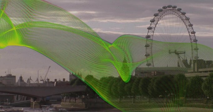 Rotating observation wheel above riverside with bridge and green digital overlay, copy space - Powered by Adobe