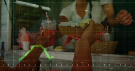 Aproned staff handing tray, drink cup to customer at cafe counter, with grid overlay, green arrow