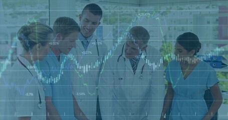 Medical staff in scrubs and lab coats analyzing charts in hospital, with stethoscopes graph overlay