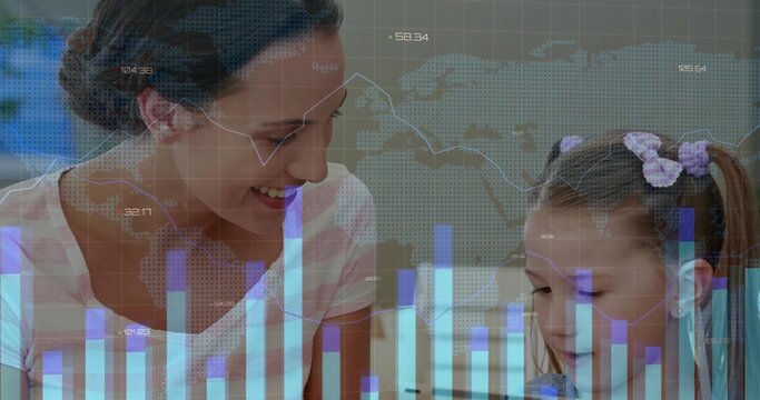 Smiling mother guiding daughter writing workbook at home study desk, with data overlay, copy space