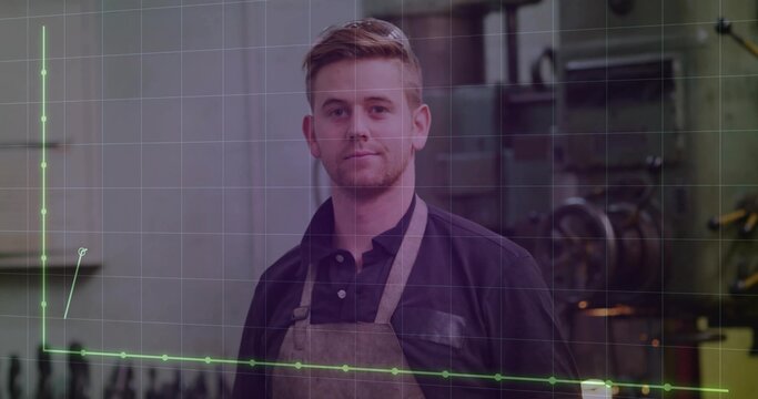 Standing machinist wearing apron in workshop with drill press  and  milling machine, grid graph over