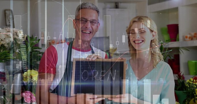 Showing partners wearing apron holding OPEN sign in flower shop with bouquets and chart overlays