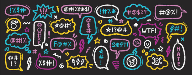 Comic speech bubble with swear word and hate. Hand drawn sketch of a grumpy text balloon with curse or insult by pencil and charcoal doodle. Rude profanity censorship in scribble talk cloud