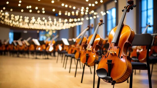 Symphony hall filled with violins on chairs under warm ambient lighting ready for orchestra performance