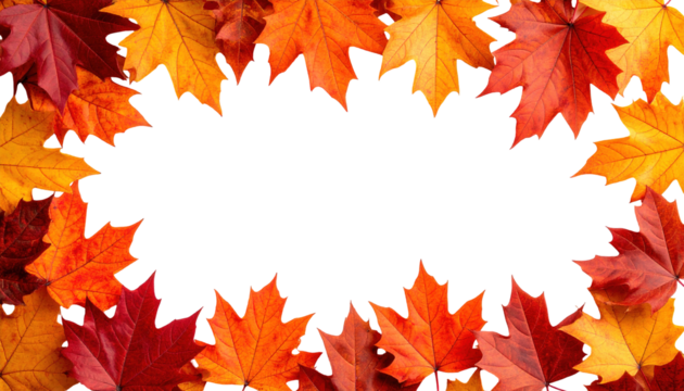Vivid autumn leaves, in shades of red, orange, and yellow, form a decorative frame, creating a dark, empty space within, ideal for text or design
