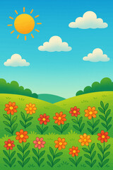 Obraz premium Sunny day illustration featuring a flower field under a blue sky and clouds