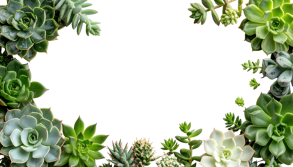 A collection of various succulent plants forms an ornate border, encircling an empty, black oval. The diverse green and bluish-green hues create a vibrant, natural frame
