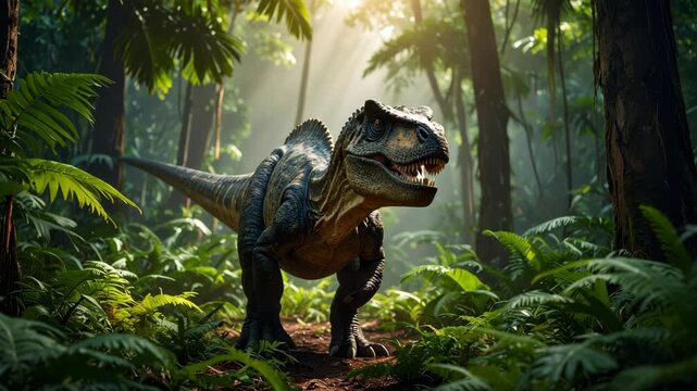 Large carnivorous dinosaur standing in a lush green prehistoric jungle environment with sun rays shining through