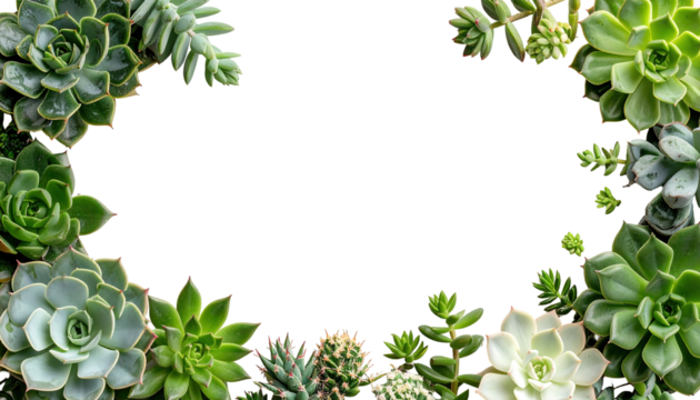 A collection of various succulent plants forms an ornate border, encircling an empty, black oval. The diverse green and bluish-green hues create a vibrant, natural frame