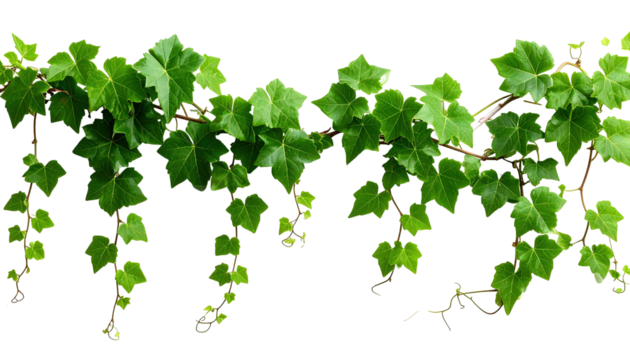 A close-up shows a verdant vine with many dark green, triangular leaves of various sizes along its thin, brown branches, cascading downwards against a stark black background