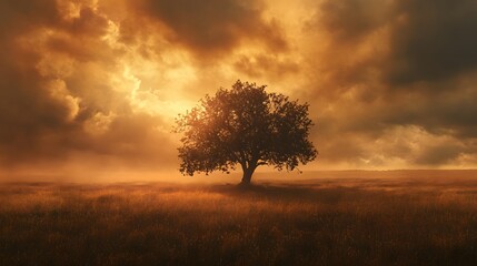 Obraz premium A lone tree stands in a field at sunrise, with the sun peeking through the clouds.