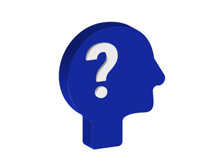 Simple illustration of a 3D person profile icon with a question mark. Transparent background in PNG format.