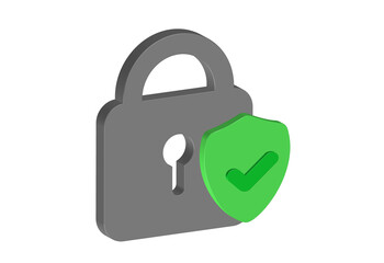 Simple illustration of a 3D padlock icon with a shield and checkmark. Transparent background in PNG format.